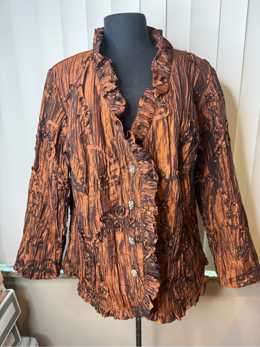 Goldwater Creek Ruffled Textured Metallic Copper Jacket Rhinestone Buttons SZ 20